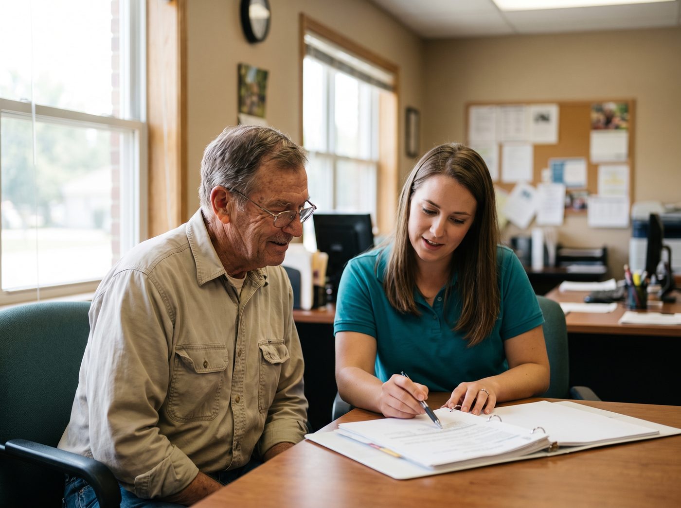 An advocate and a veteran going through paperwork together at a desk