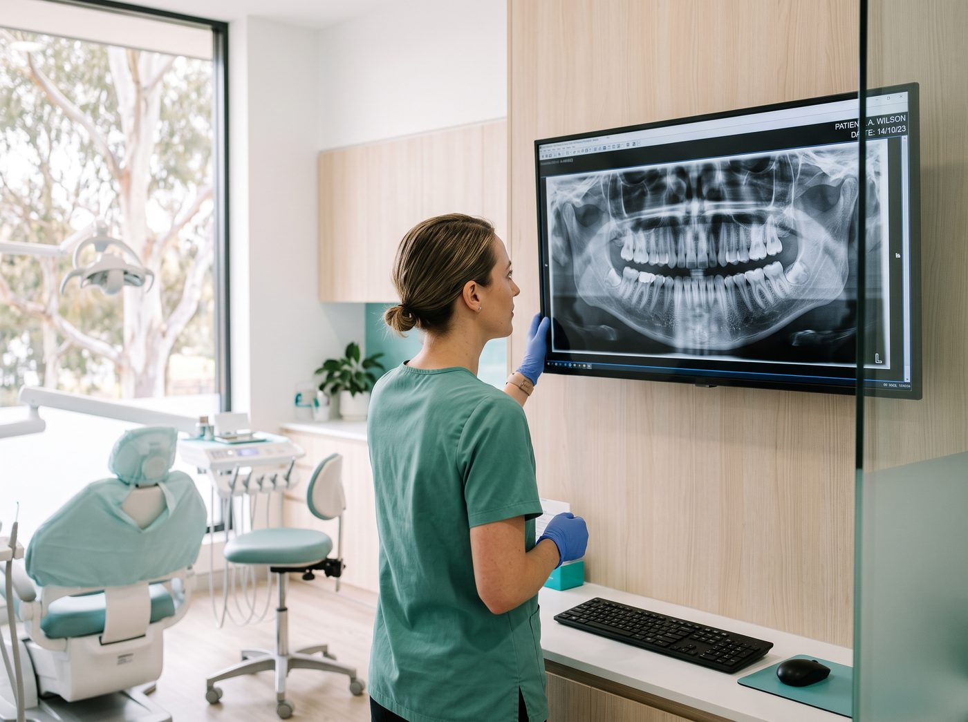 A dentist studying a panoramic dental x-ray on a clinic monitor