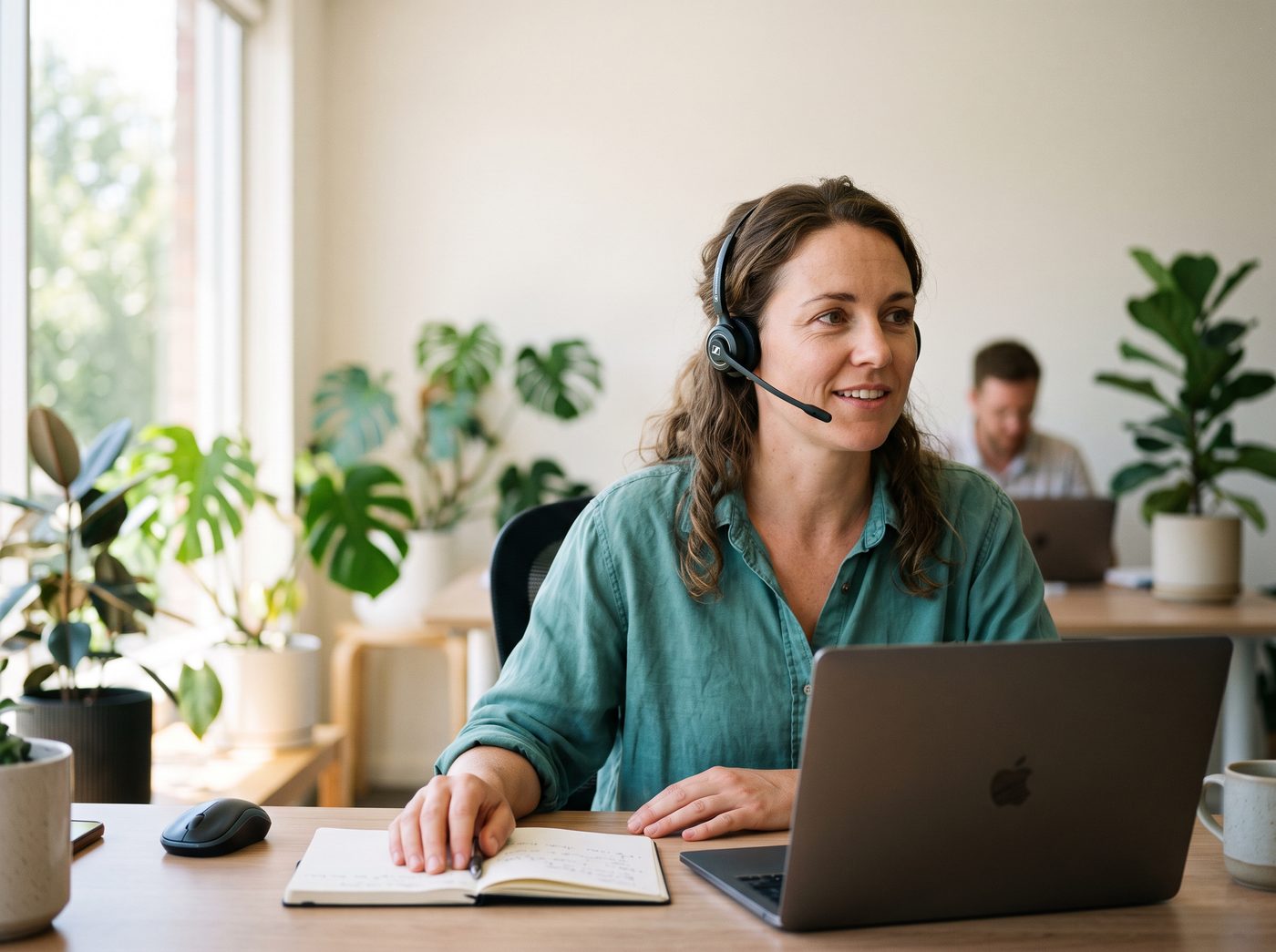 A support worker taking a call at a desk in a bright office