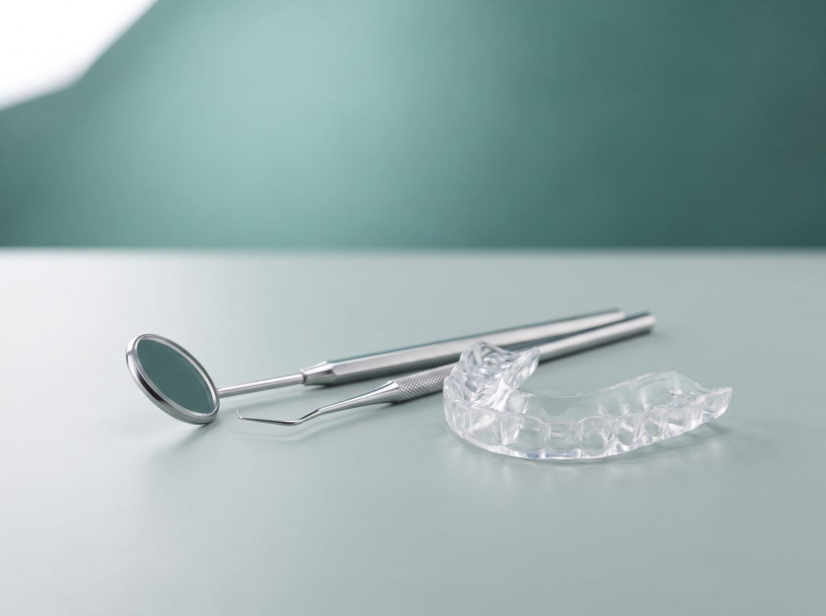 A clear occlusal splint and dental instruments on a pale surface
