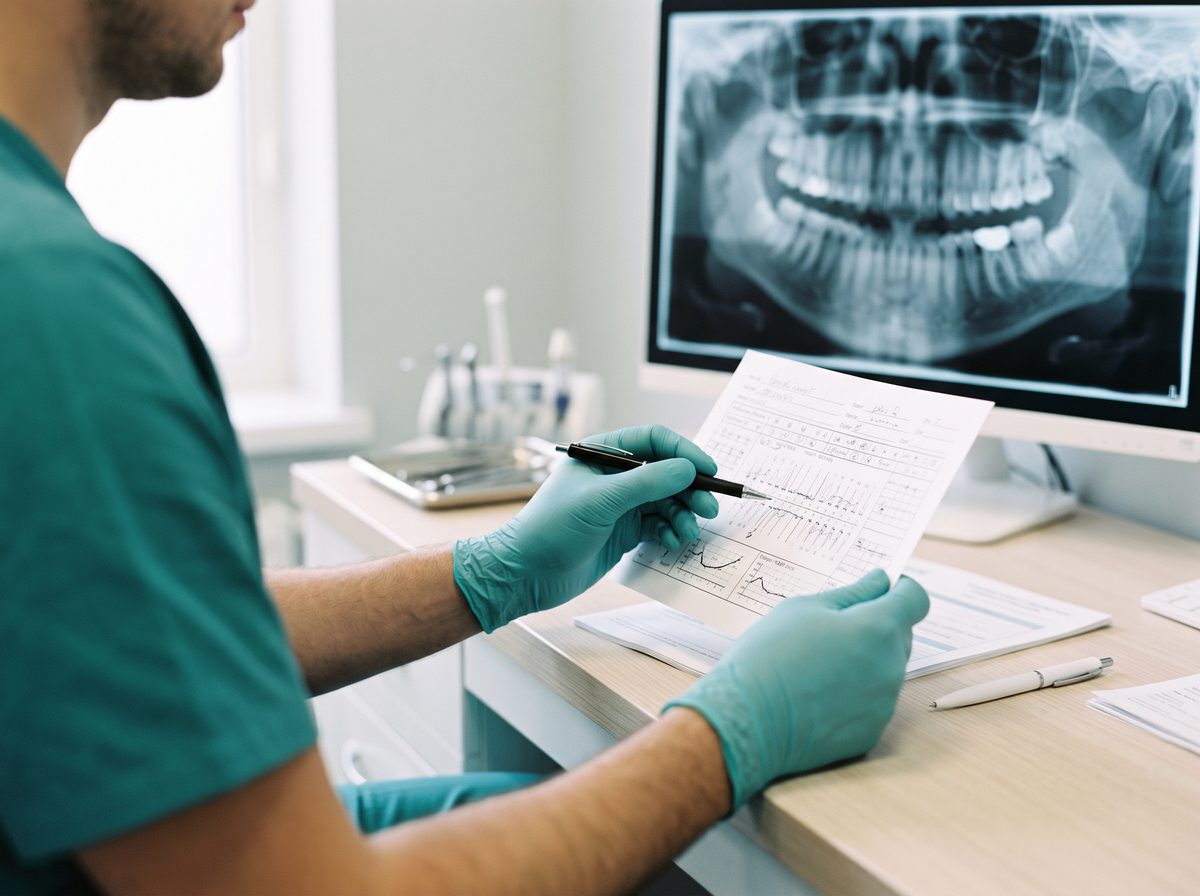 A dentist reviewing a dental chart beside dental imaging